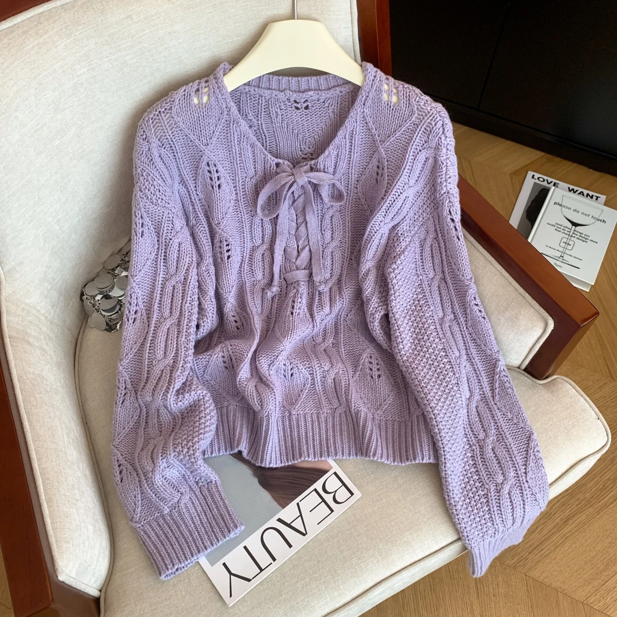 

Женский фиолетовый пуловер, корейский свитер, винтажный джемпер 2000-х годов Y2k, трикотаж, вязаный свитер с длинными рукавами и v-образным вырезом на шнуровке, весна-осень