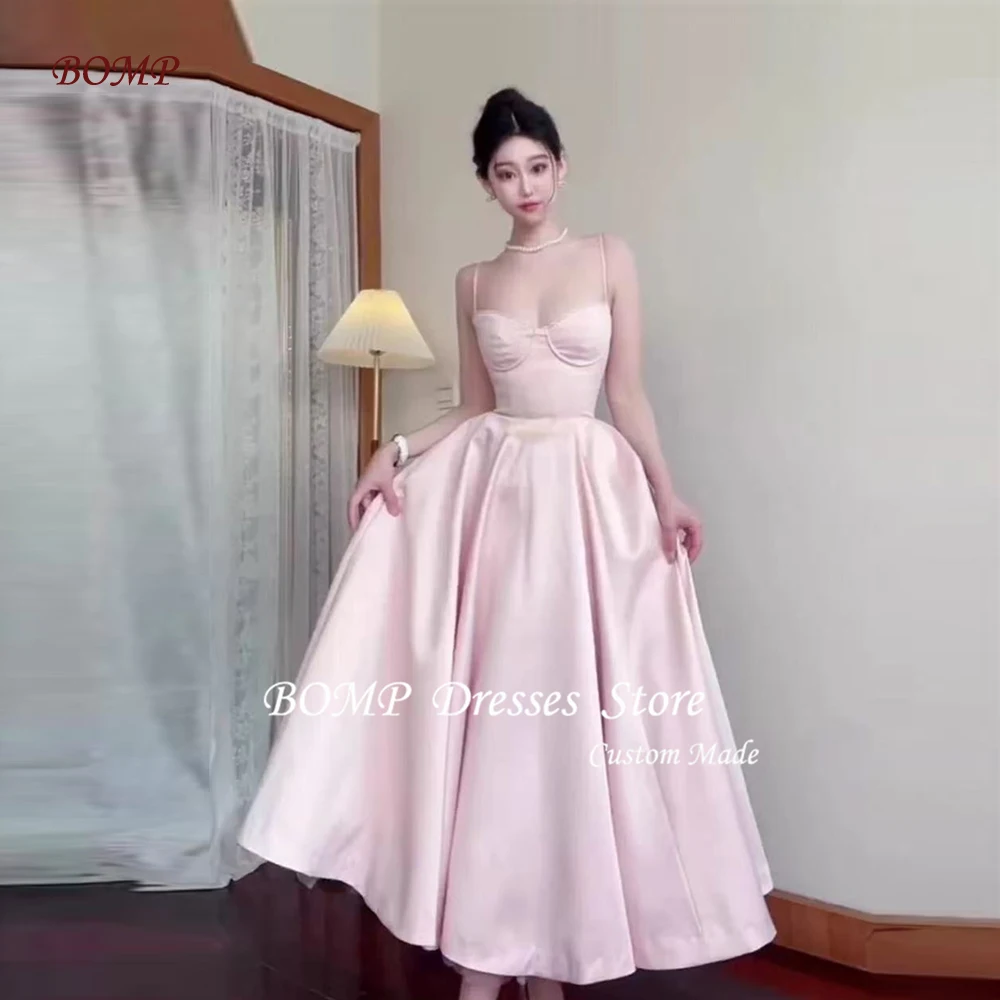 

BOMP Spaghetti Straps Pink Sweet Girls Party Evening Dresses Satin Ankle Length Prom Gowns Wedding Guest Photo shoot Korea