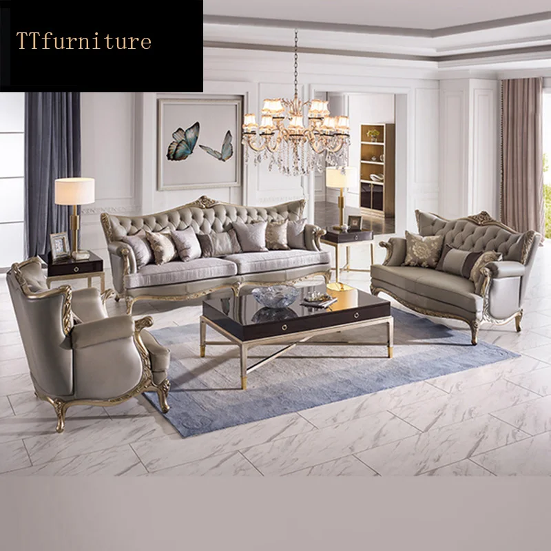 high quality  European  antique luxury luxurious living room sofa furniture genuine leather set jx129