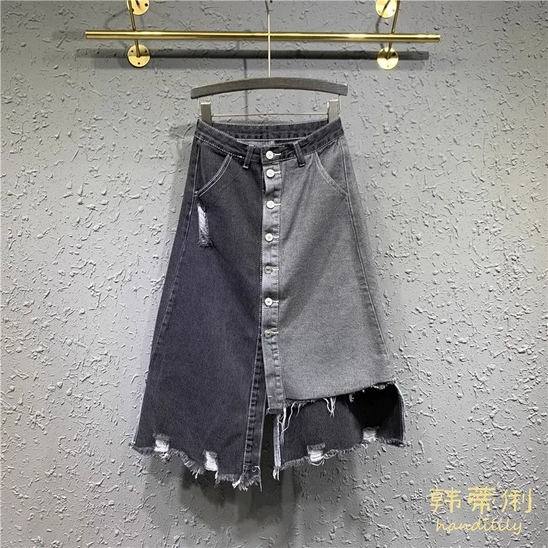 Spring 2024 New Style Personalized Irregular Ripped Denim Skirt Single-Breasted Contrast Color Skirt Split Midi Skirt Women