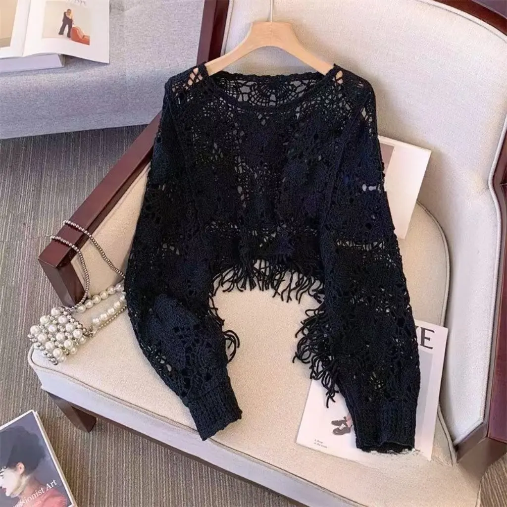 

Women's Hollow Short Sweater Pure Color Wool Knitted Design Tassel Jacket Top for Autumn Air-Conditioned