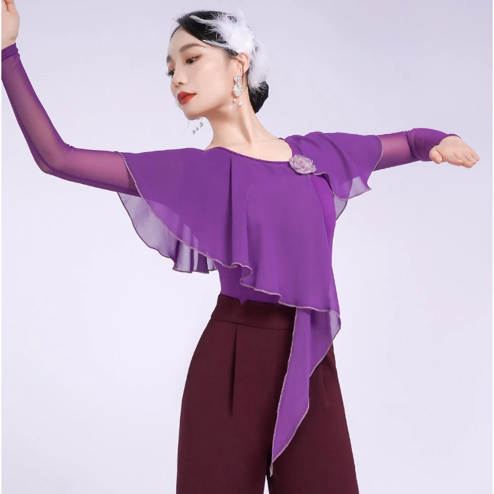 Nuovo stile Top da ballo Manica lunga Nero Prova generale Viola Vestiti per il corpo delle donne Scialle di fiori tridimensionali Bianco di alta qualità