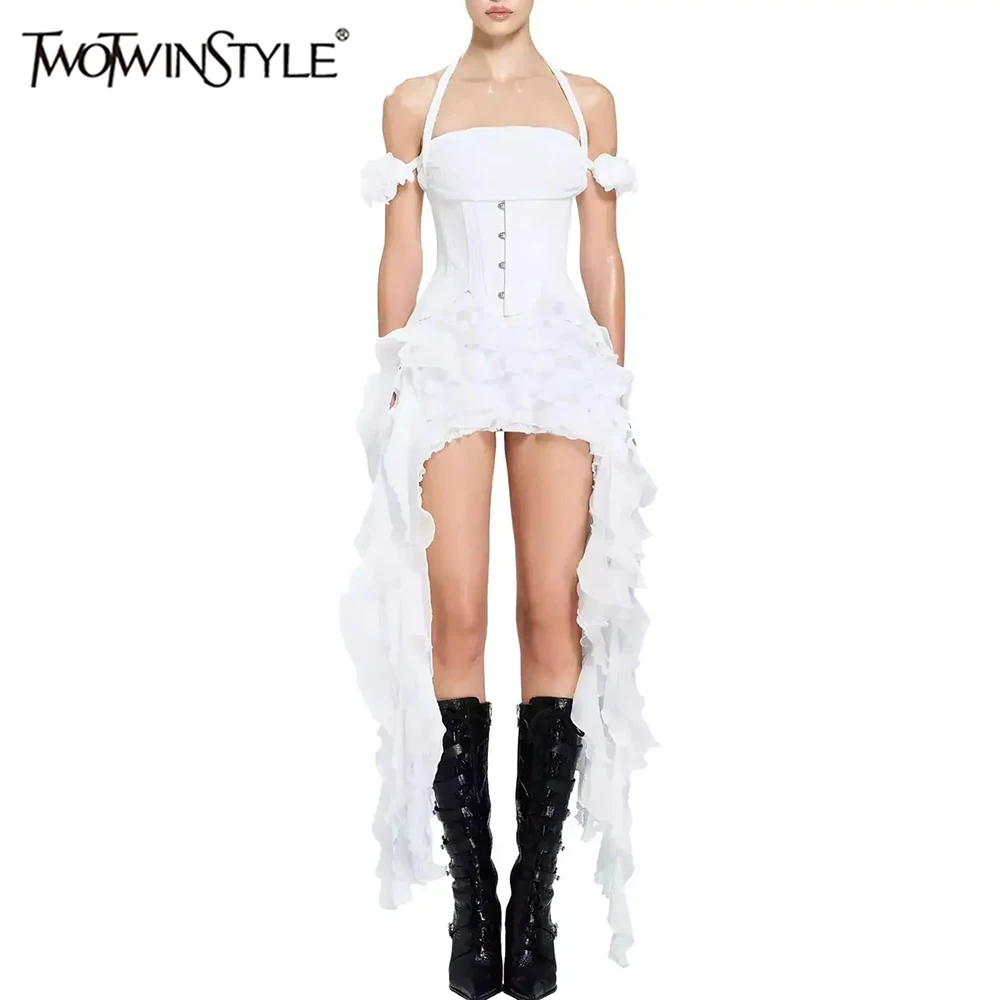 

TWOTWINSTYLE Elegant Three Piece Sets for Women Halter Off Shoulder Vest Waist Cincher Spliced Ruffles Folds Skirt Set Female
