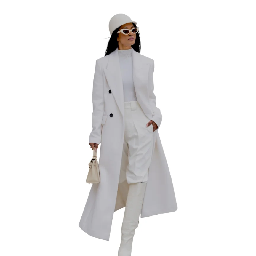 Fashion Womens Overcoat Peak Lapel Double Breasted Oversized Straight Long Cut Woolen Material Business Meeting Customized