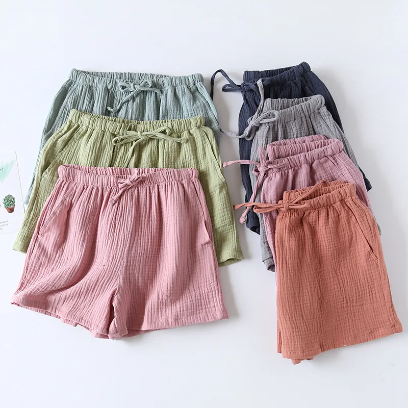 Women Summer Shorts Cotton Double-layer Gauze Sleep Bottoms Thin Loose-fitting Pajama Pants Home Pants Solid Sleep Shorts