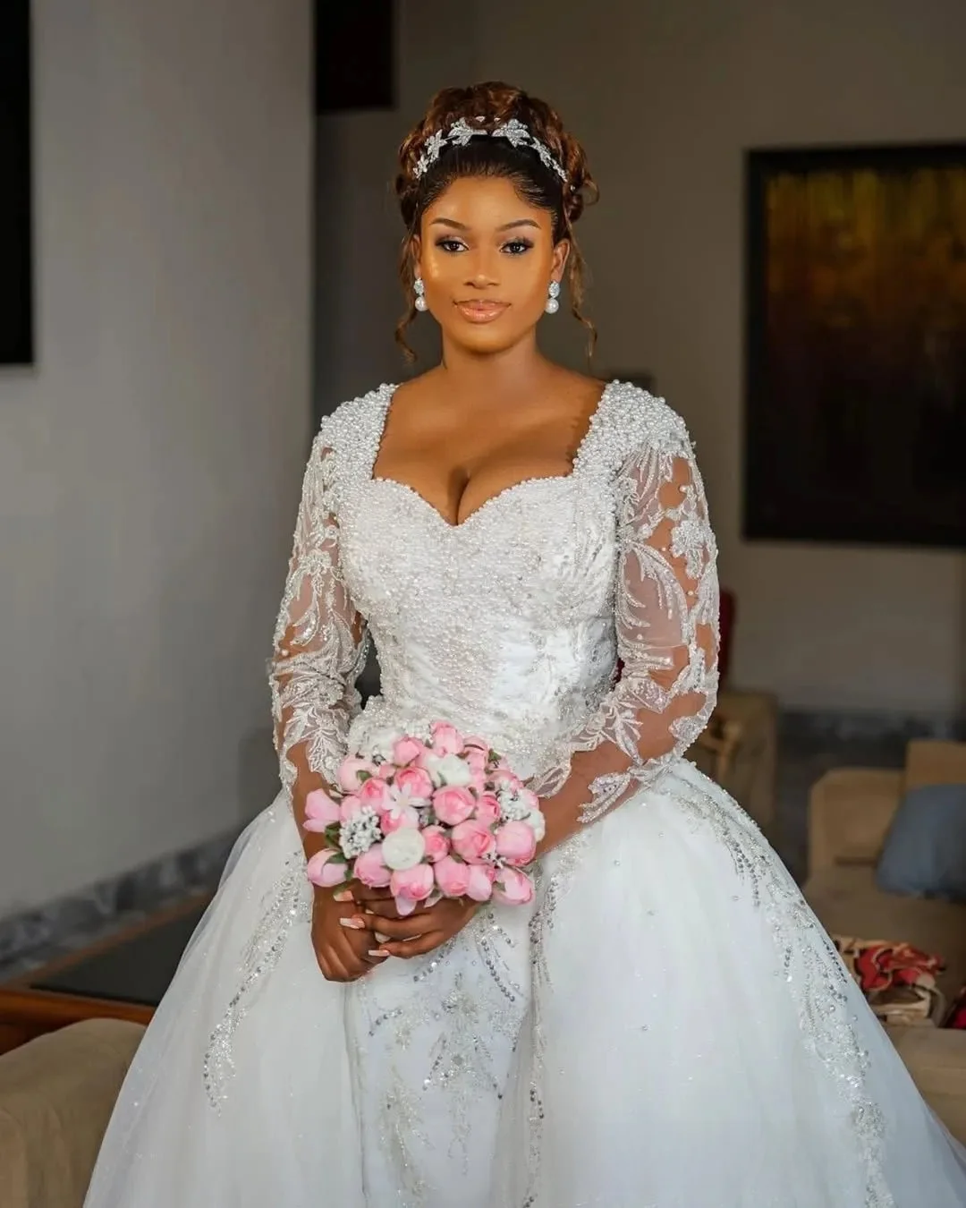 カスタマイズプラスサイズマーメイドウェディングドレスブライダルドレス花嫁のための取り外し可能なトレイン恋人ネック長袖ビーズ