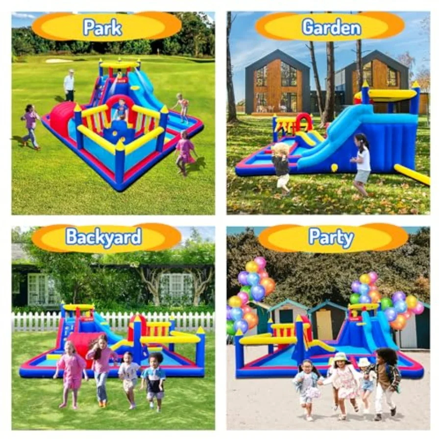 Inflatable Water Slide Park for outdoor party use, PVC material, blue and yellow, includes splash pool, dual slides, crawl tunn