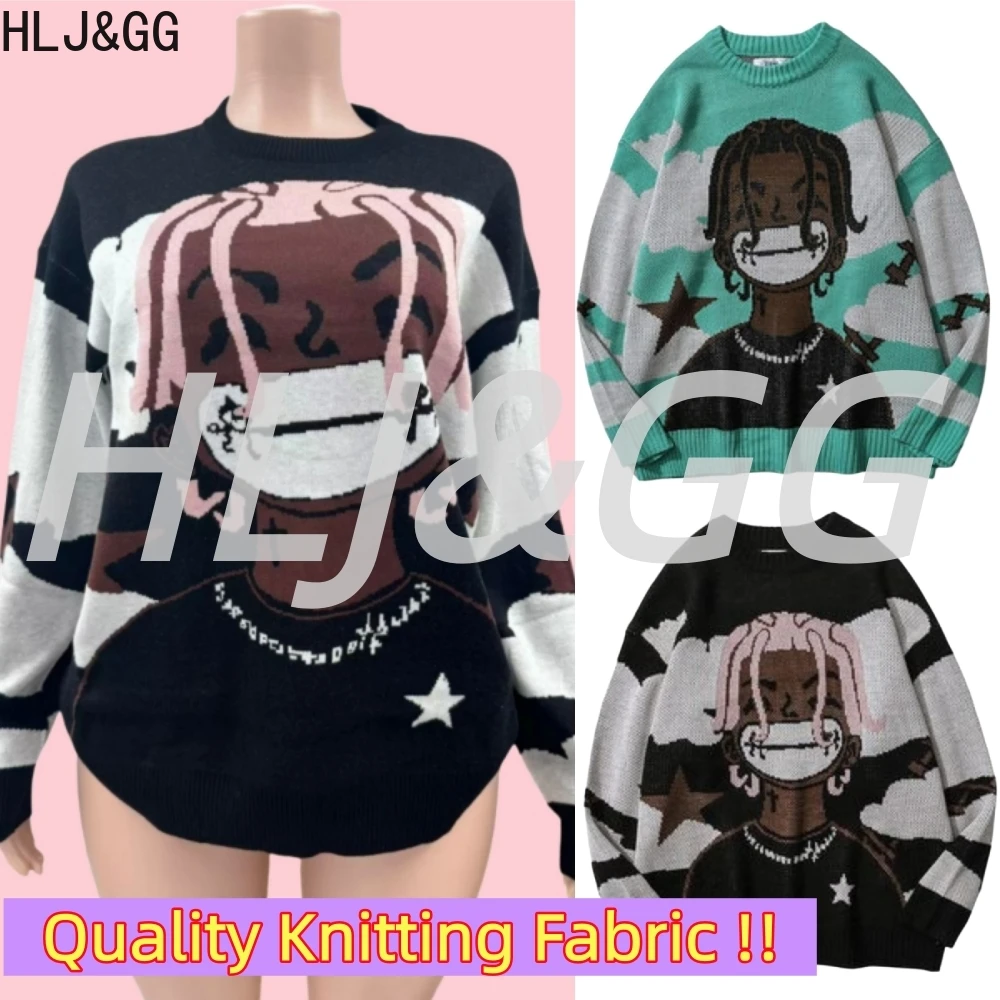 

HLJ&GG Autumn New Pattern Print Quality Knitting Sweater Women Round Neck Long Sleeve Loose Tops Fashion Y2K Pullover Streetwear