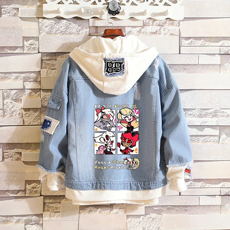 Kawaii Hazbin Hotel Peripherals Charlie Morningstar Vaggie Cartoon Men's Casual Hooded Denim Jacket Give Gifts To Girlfriend