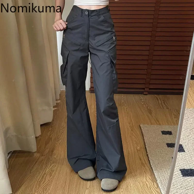 Korean Cargo Pants for Women High Waist Pockets Casual Fashion Trousers 2024 New Bottoms High Waist Black Vintage Pantalon Femme