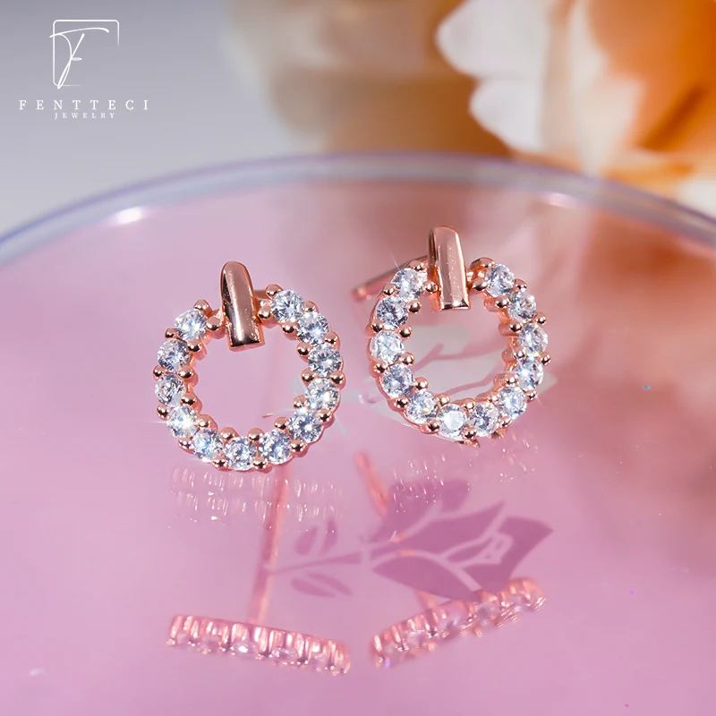 FENTTECI S925 Sterling Silver Circle Studs Earrings Female Light Luxury Niche Full Zircon Hollow Earrings for Women Casual Gift