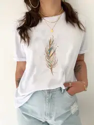 T-shirt à manches courtes pour femmes, tendance d'interconnexion de plumes, haut mignon, mode féminine, vêtements décontractés, t-shirt graphique d'été, t-shirt imprimé