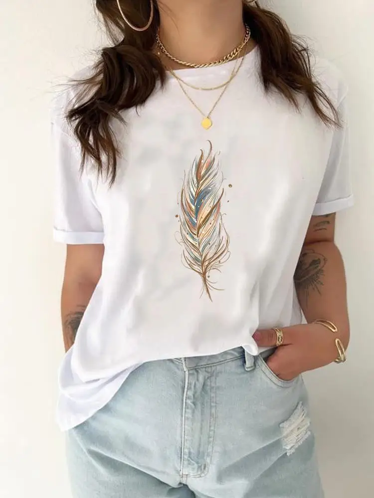 Feather Watercolor Trend Cute Short Sleeve Tee Top Women Fashion Casual Clothing Female Summer Graphic T Shirt Print T-shirt