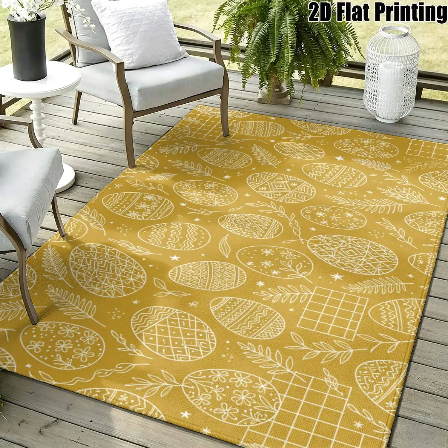 1Pc 2D Printed Carpet: Earth-Yellow Lines, Egg-Shaped Leaf Patterns Nordic-Style, Instagram-Worthy, Machine Washable, Multi-Size for Home Decor.