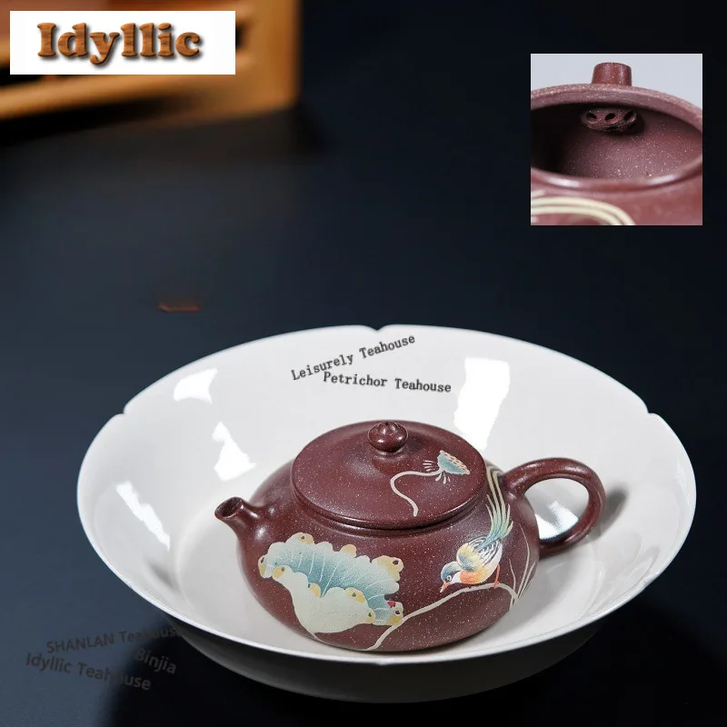

150ml Elegant Yixing Purple Clay Teapots Handmade Drawing Lotus Leaf Han Jiang Pot Raw Ore Purple Mud Kettle Zisha Tea Set Gifts