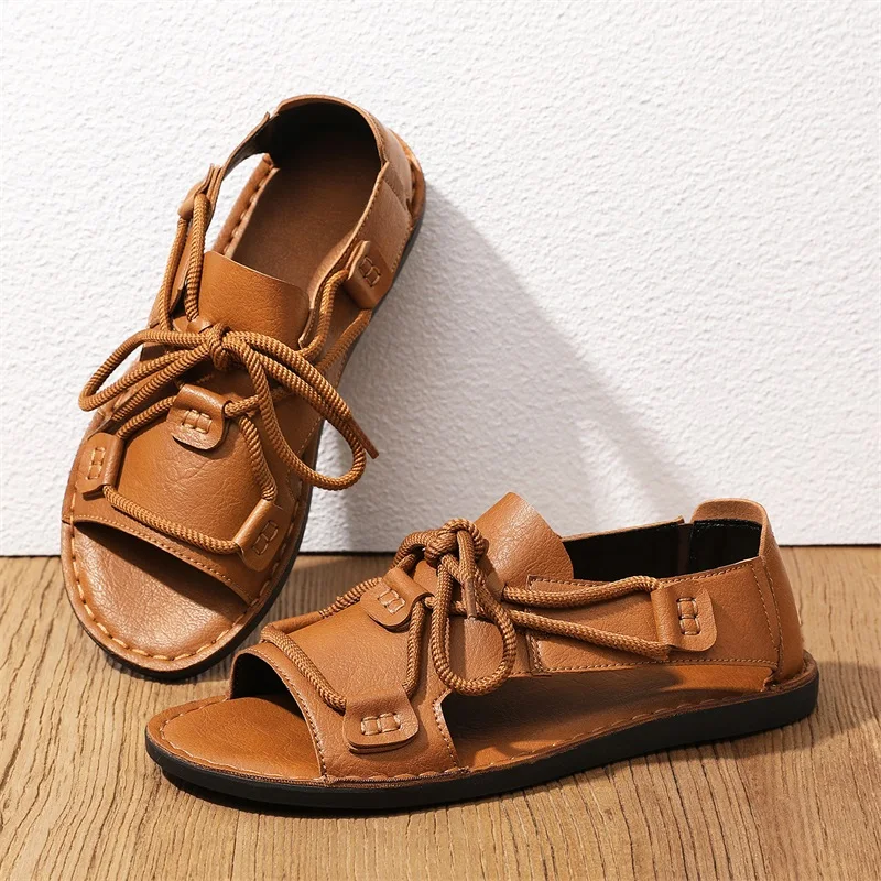 Summer Men's Leather Sandals Open Toe Casual Daily Shoes Roman Style Soft Strappy Hollow Open Toe Man Sandals Large Size：38-48