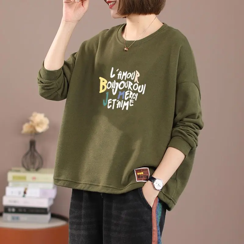 Autunno Nuovo Top T-shirt da donna Versatile girocollo Camicia a maniche lunghe Allentato Letterario Casual Stampato Felpa elegante