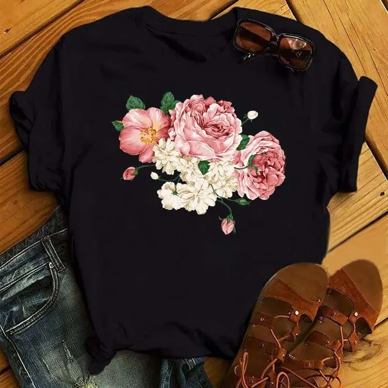 Roses Print T-shirt Romantic Artistic Trendy Fashion Short Sleeve Women's Casual Fashion Wear Daily Round Neck Base Layer
