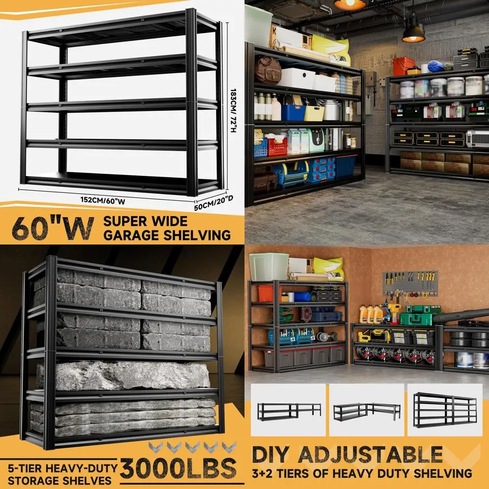 

60 Wide 5-Tier Heavy-Duty Metal Garage Shelving Rack, 3000 lbs Capacity, Adjustable Storage for Garage, Warehouse, or Basement (