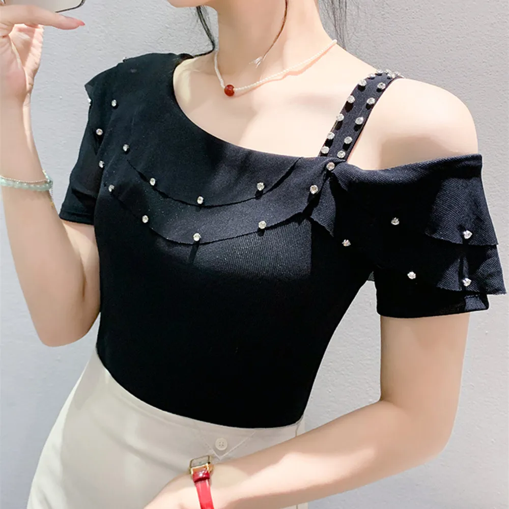 

Летняя женская одежда, футболки, сексуальные тонкие эластичные топы с открытыми плечами, шикарные рюши, горячие бриллианты, Teesy, одежда с короткими рукавами y2k, 2025 г.