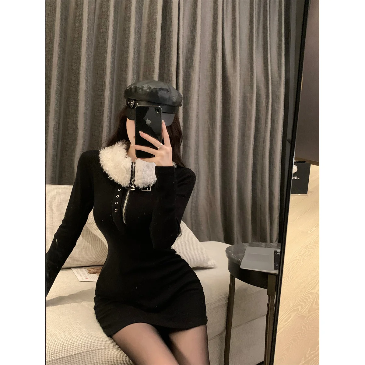 Hepburn Style Fur Collar Half Zip Dress with Feminine Temperament Black Dress Spicy Girl Waist Bag Hip Skirt