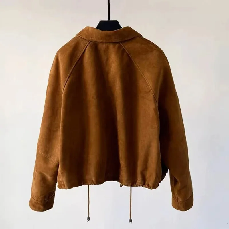 Veste marron en cuir rétro pour femmes, manteau court tendance en daim avec cordon de serrage, Silhouette, Streetwear, Chill Casaco Femini