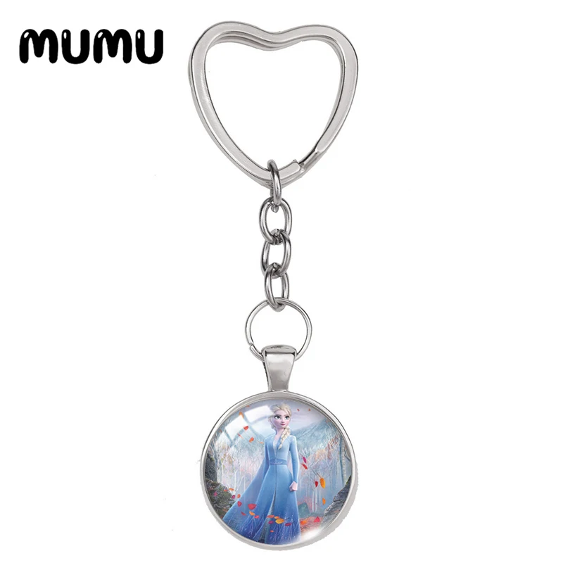 2024 New Princess Elsa Heart Keyring Anna Olaf Keychain Glass Dome Cabochon Jewelry Gifts Children