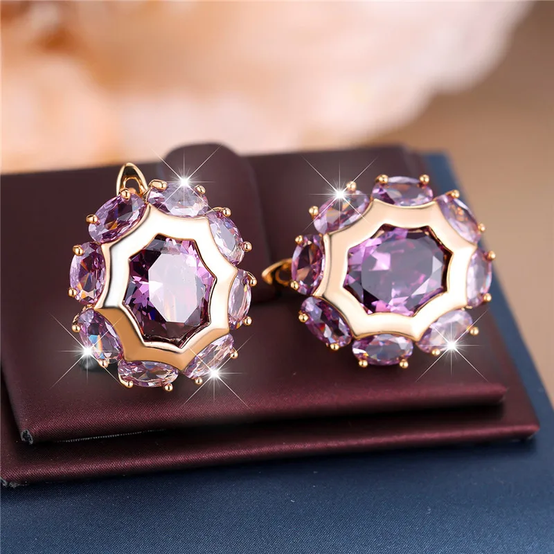 Luxury Female Purple Zircon Stone Clip Earrings Charm Gold Color Wedding Jewelry For Women