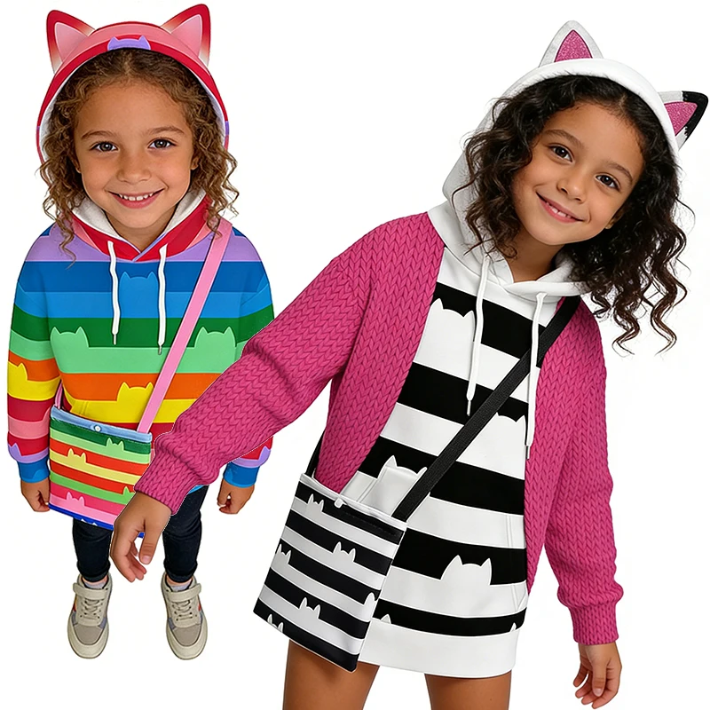 Pop Kids Cute Cat Gabby Kapuzenpullover für Mädchen und Jungen, Regenbogenfarbener gestreifter Pullover, Kinder-Kapuzenpullover, modisches, lässiges Kinder-Kapuzenoberteil