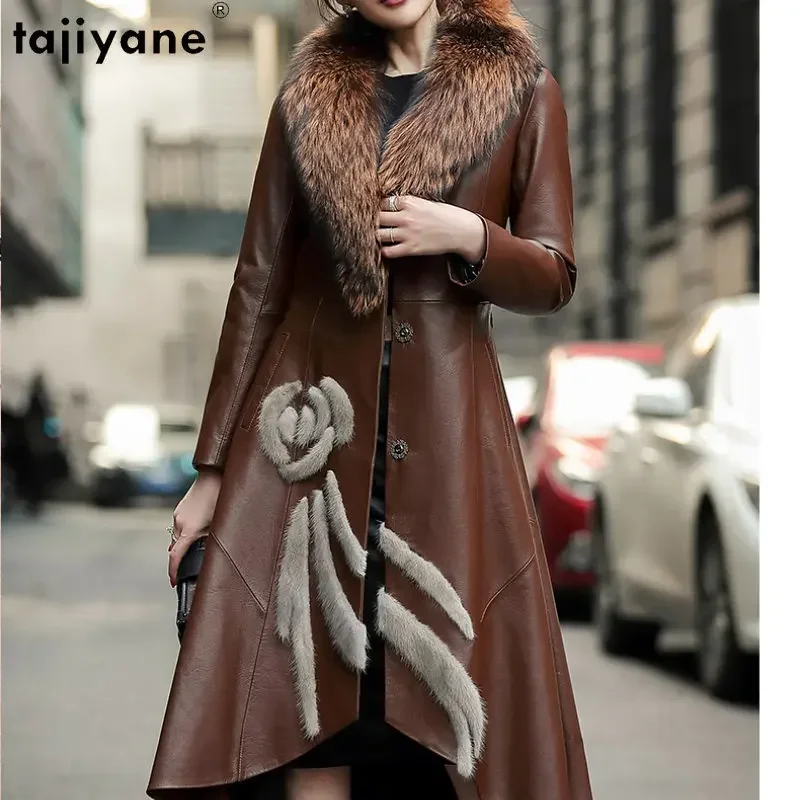 Tajiyane Genuine Goatskin Leather Jacket Women Luxury Winter Down Jackets for Women 2023 Fox Fur Collar Slim Down Coats Lace-up