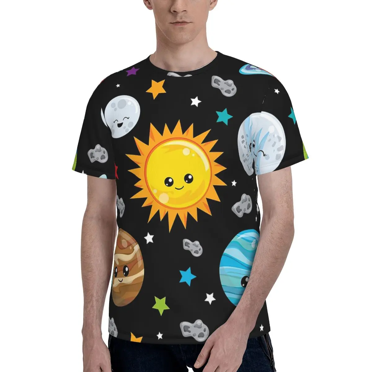 Kawaii Planets Cute Solar System T-Shirt for Men Cotton T Shirts Men's Short Sleeve Round Neck Summer Clothes Tops