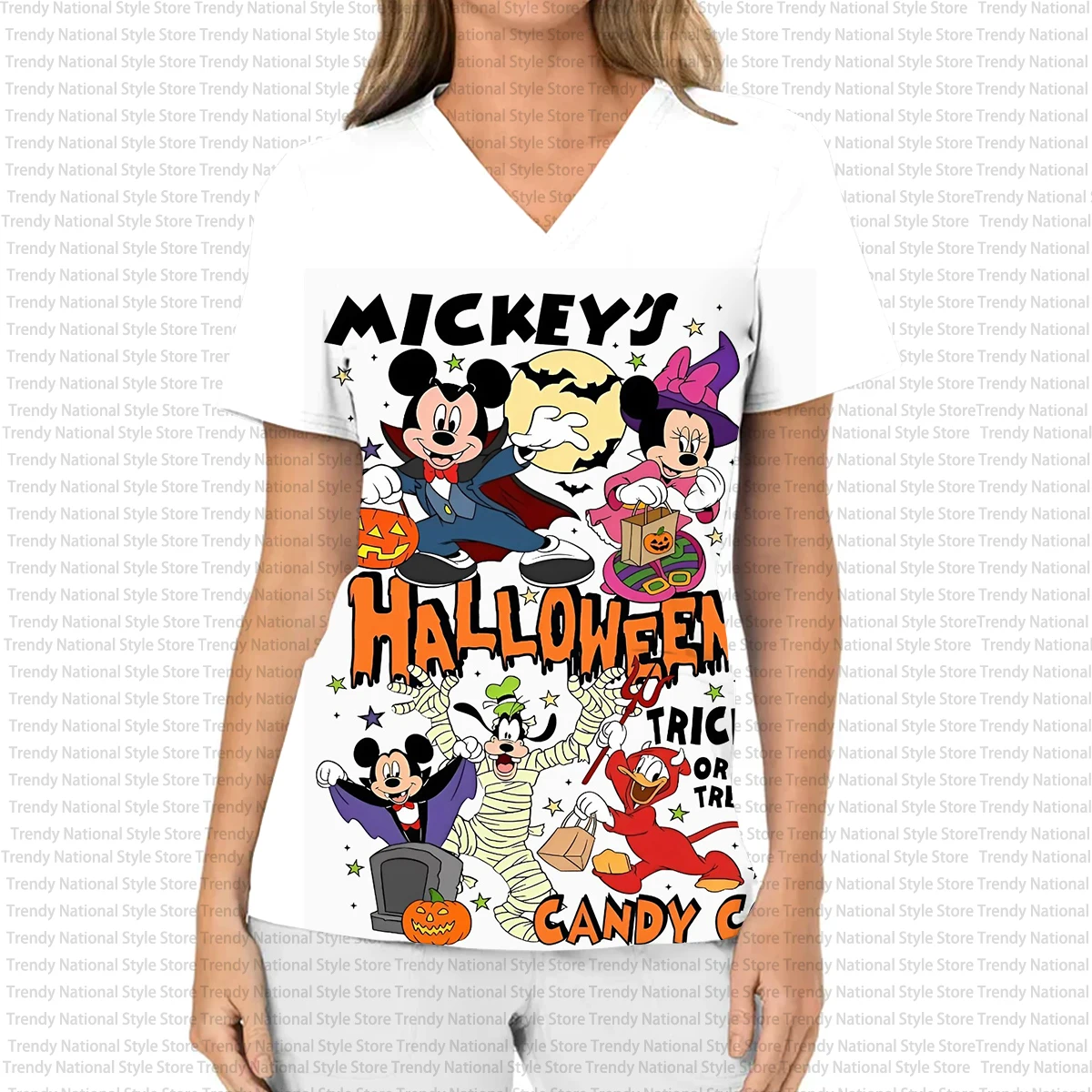 Women's Work Uniform Halloween Disney Mickey and Minnie Print V-Neck Pocket Women's Work Uniform Snoopy Women's T-shirt