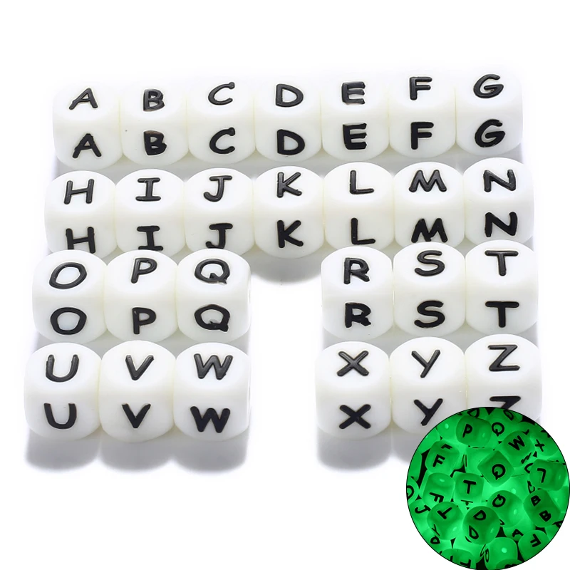 10pcs Baby Luminous Silicone Beads Letters Pacifier 12mm Alphabet Personalized Name DIY Teether Teething Beads Toys Gift