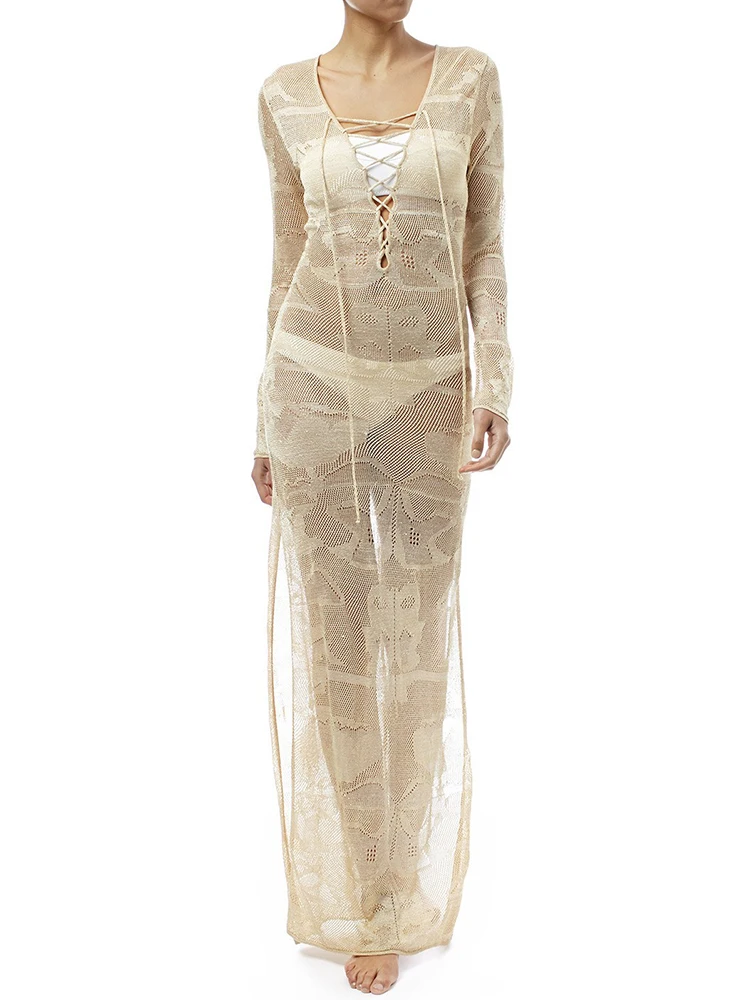 여성 니트 비치 커버 롱 드레스 2025 Boho 스타일 중공 레이스 업 하이 스플릿 섹시한 비키니 커버 업 가운