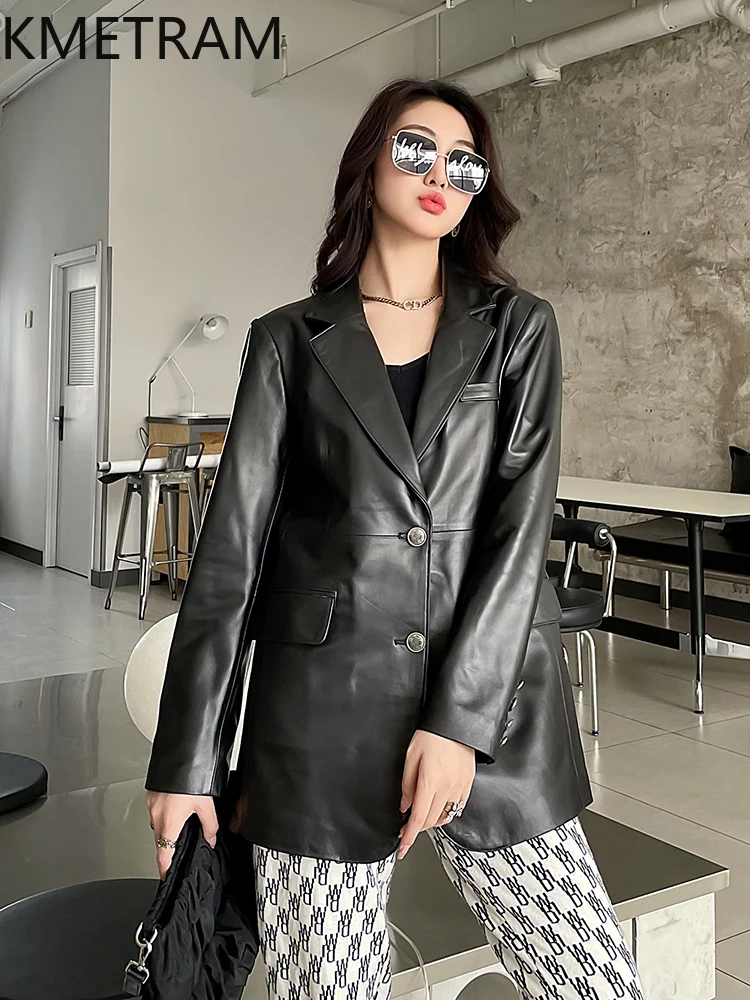 100% toplaag van schapenvachtjas Dames Zwart lederen colberts Nieuw in bovenkleding Herfstkleding 2025 Dames Majaбка