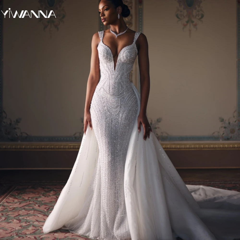 

2025 Detachable Train Mermaid Wedding Dress Shiny Sequins Bride Robe Sexy Deep V-neck Bridal Gown Customized Robe De Mariée