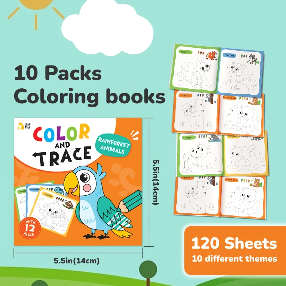 10PCS Fun Coloring Books for Kid Cartoon Animal Coloring Book Activity Travel Toy for Boy Girl Art Painting Set Educational Gift