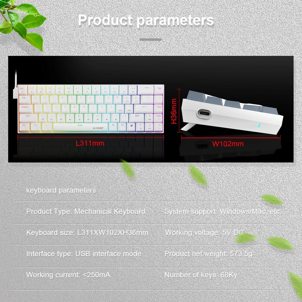 E-YOOSO Z686 RGB USB 60% Mini slim gry mechaniczne przewodowa klawiatura czerwony przełącznik 68 klawiszy Gamer do komputera komputerowego Laptop