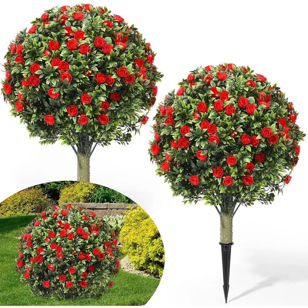 

24 Artificial Topiary Ball Trees with Flowers, Outdoor UV-Resistant Topiary Plants with Ground Spike for Indoor or Outdoor Front