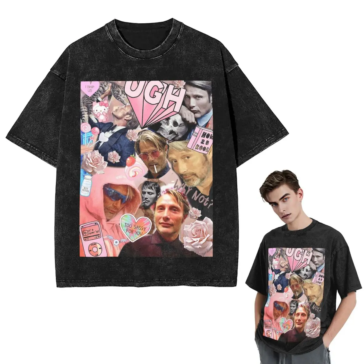 Streetwear T-Shirts Mads Mikkelsen Collage Greeting Card36 Washed T Shirt Short Sleeve Hip Hop T-Shirt Tops Tees for Men Women