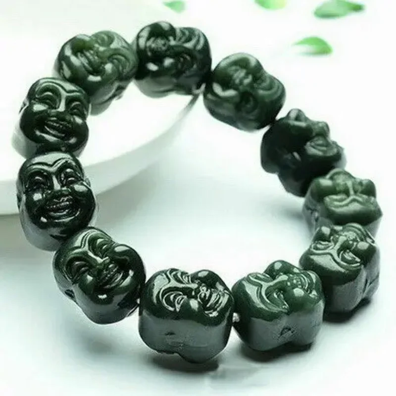 Certified Natural Hetian Dark Green Jade Happy Buddha Head Bead Bangle Bracelet