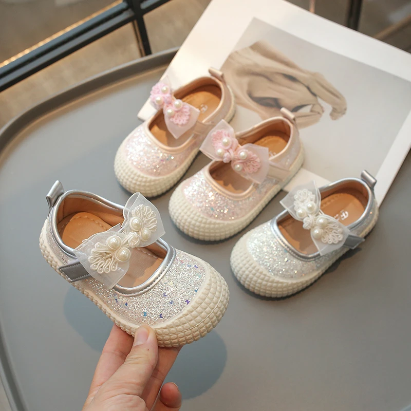 Children's Glitter Sequined Leather Shoes Girls Princess Lace Bow Single Shoes Fashion Baby Casual Soft Flat Kids Wedding Shoes