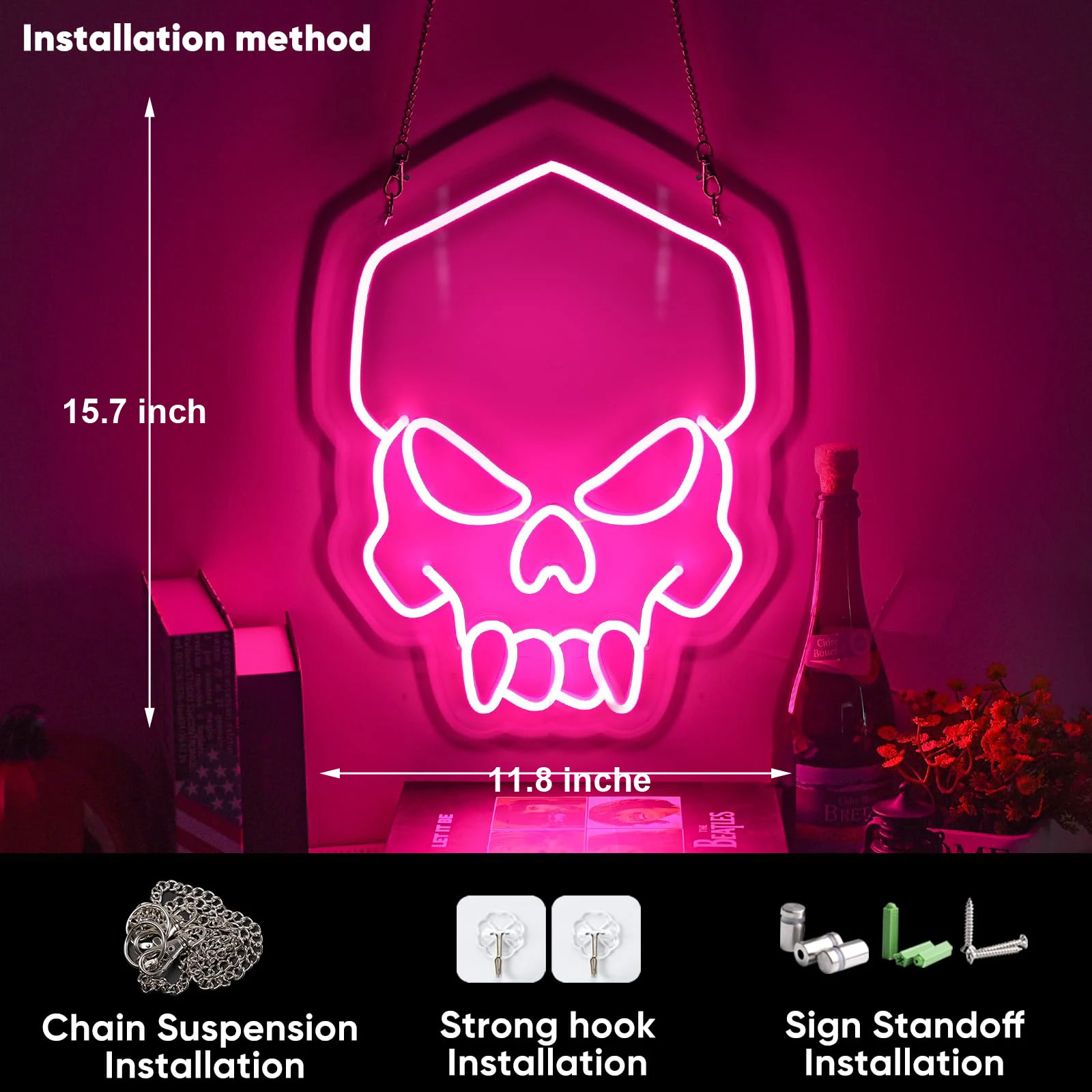 Luce al neon rosa con teschio da ragazza - LED USB dimmerabile |   Simpatica decorazione spaventosa di Halloween per la cameretta delle ragazze |   Luci notturne moderne da parete con teschio