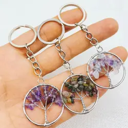 Hot Selling Natural Gem Stone Crystal Quartz fluorite lapis amethyst 7 Chakra Round 30MM Life Of Tree Pendant Keychain Chain