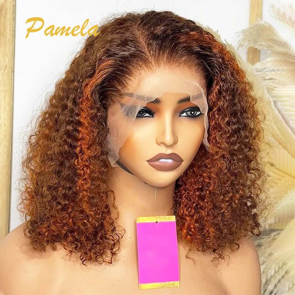 Highlight Blonde Curly Human Hair Glueless Wigs Brazilian Brown Colored 13x6 Transparent Lace Frontal  Ready To Go Wiigs