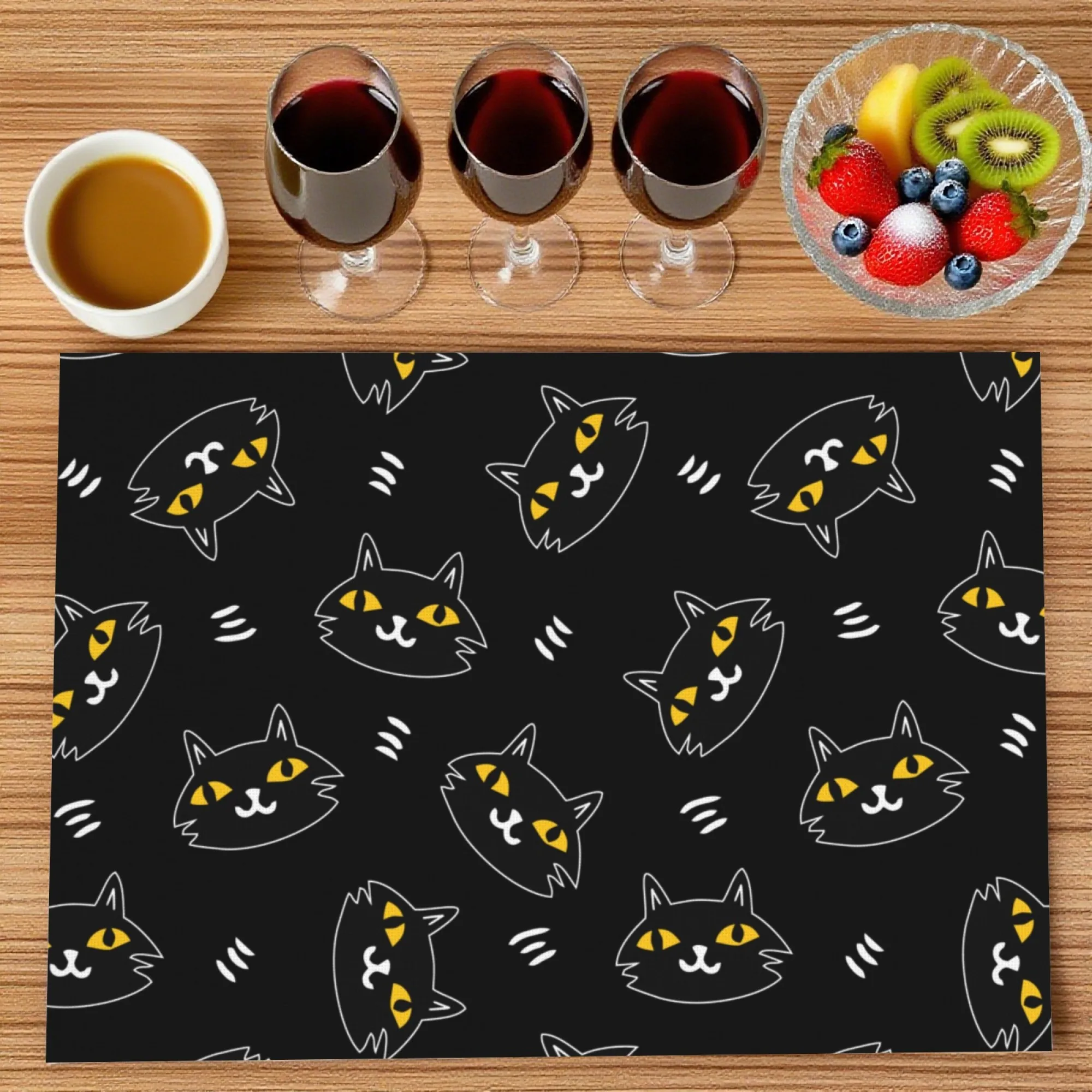แผ่นรองจานลายแมวน่ารัก สีดำ ตาเหลือง ลายขาว สำหรับตกแต่งโต๊ะอาหารในครอบครัวและเด็กๆ