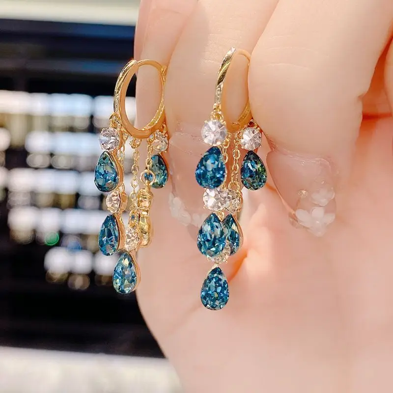 New Super Sparkling Blue Crystal Water Droplet Tassel Earrings with Elegant Long Style and Unique Design for Women\'s Earrings