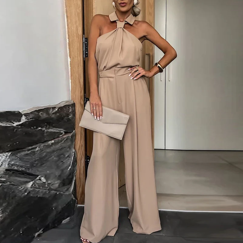 Sexy Halter Off Shoulder Commuter Jumpsuit Women Spring Solid High Waist Straight Romper Summer Back Zip Wide Leg Pants Overalls