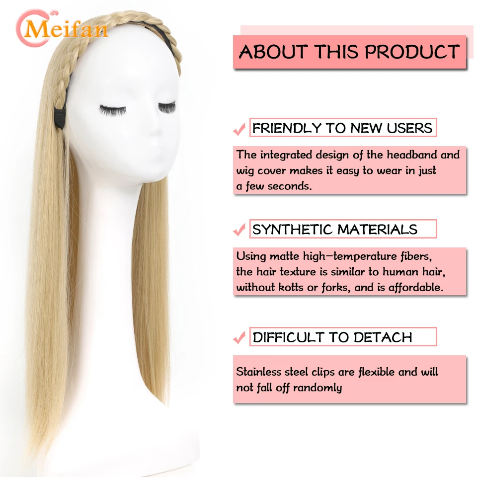 MEIFAN Synthetic Long Straight Half Wig With Headband Clip in Hair Extension Blonde Brown Fluffy Fake Hairpiece With Hairband