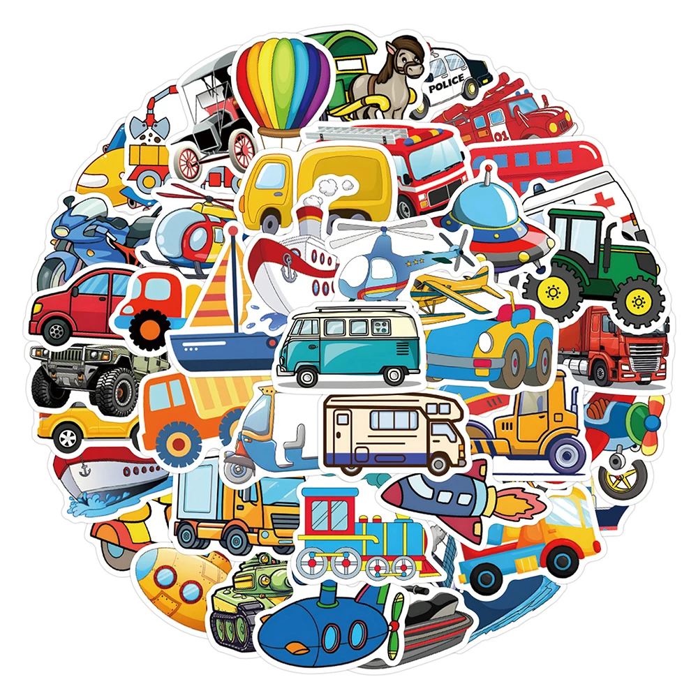 10/30/50/110 Uds. Pegatinas de transporte de vehículos de ingeniería camión de dibujos animados avión Declas juguete DIY maleta para portátil paquetes de pegatinas lindos